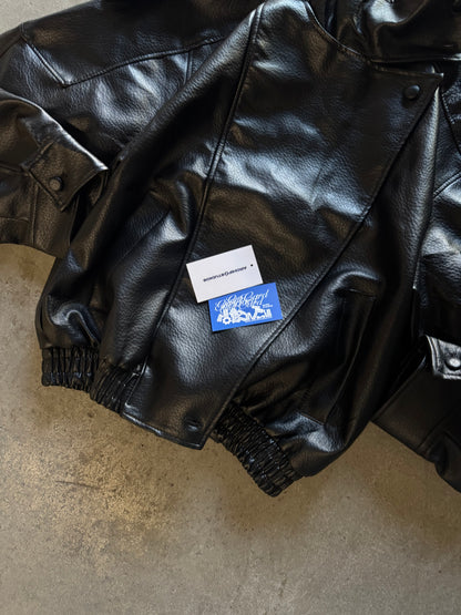 ✱ LEATHER BOMBER JACKET CUELLO ALTO COLOR  WAY BLACK OG ✱