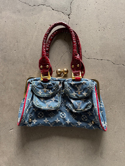 ✱ VINTAGE LOUIS VUITTON SAC FERMOIR GM BAG BLUE MONOGRAM DENIM OG ✱