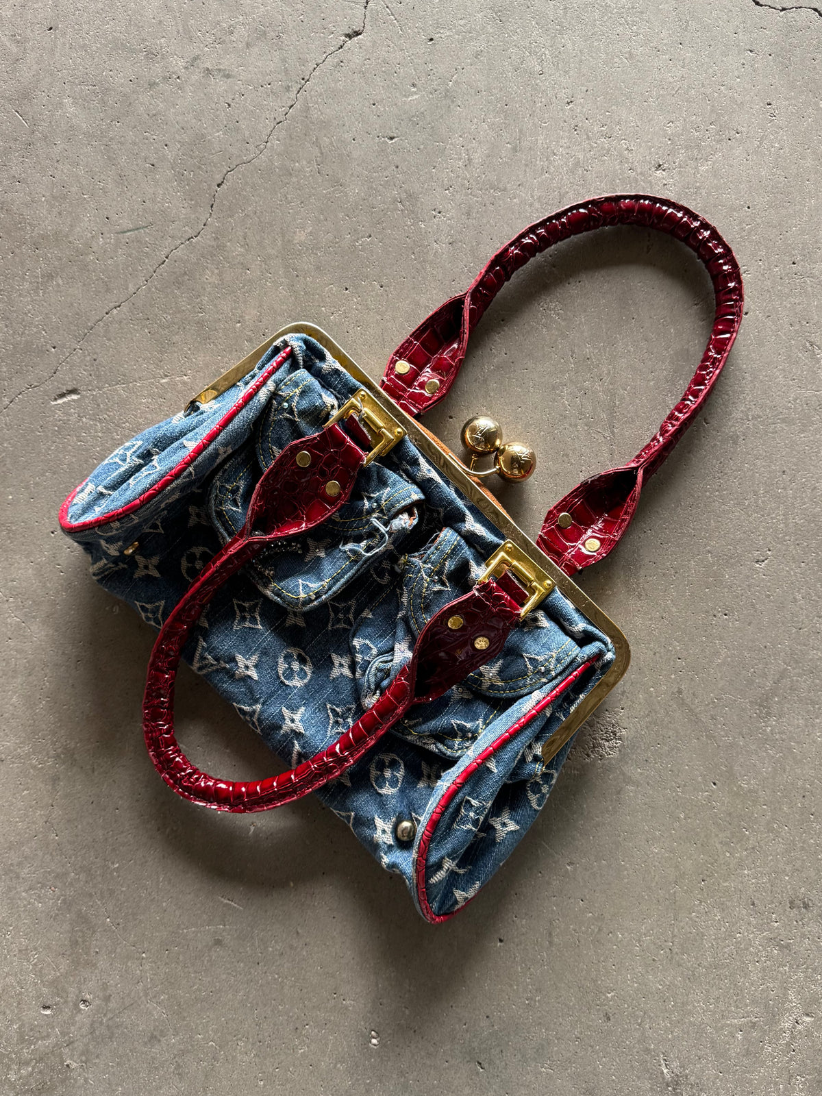 ✱ VINTAGE LOUIS VUITTON SAC FERMOIR GM BAG BLUE MONOGRAM DENIM OG ✱
