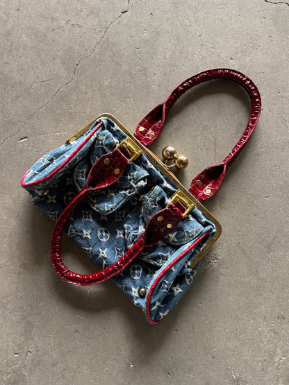 ✱ VINTAGE LOUIS VUITTON SAC FERMOIR GM BAG BLUE MONOGRAM DENIM OG ✱
