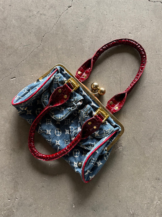 ✱ VINTAGE LOUIS VUITTON SAC FERMOIR GM BAG BLUE MONOGRAM DENIM OG ✱
