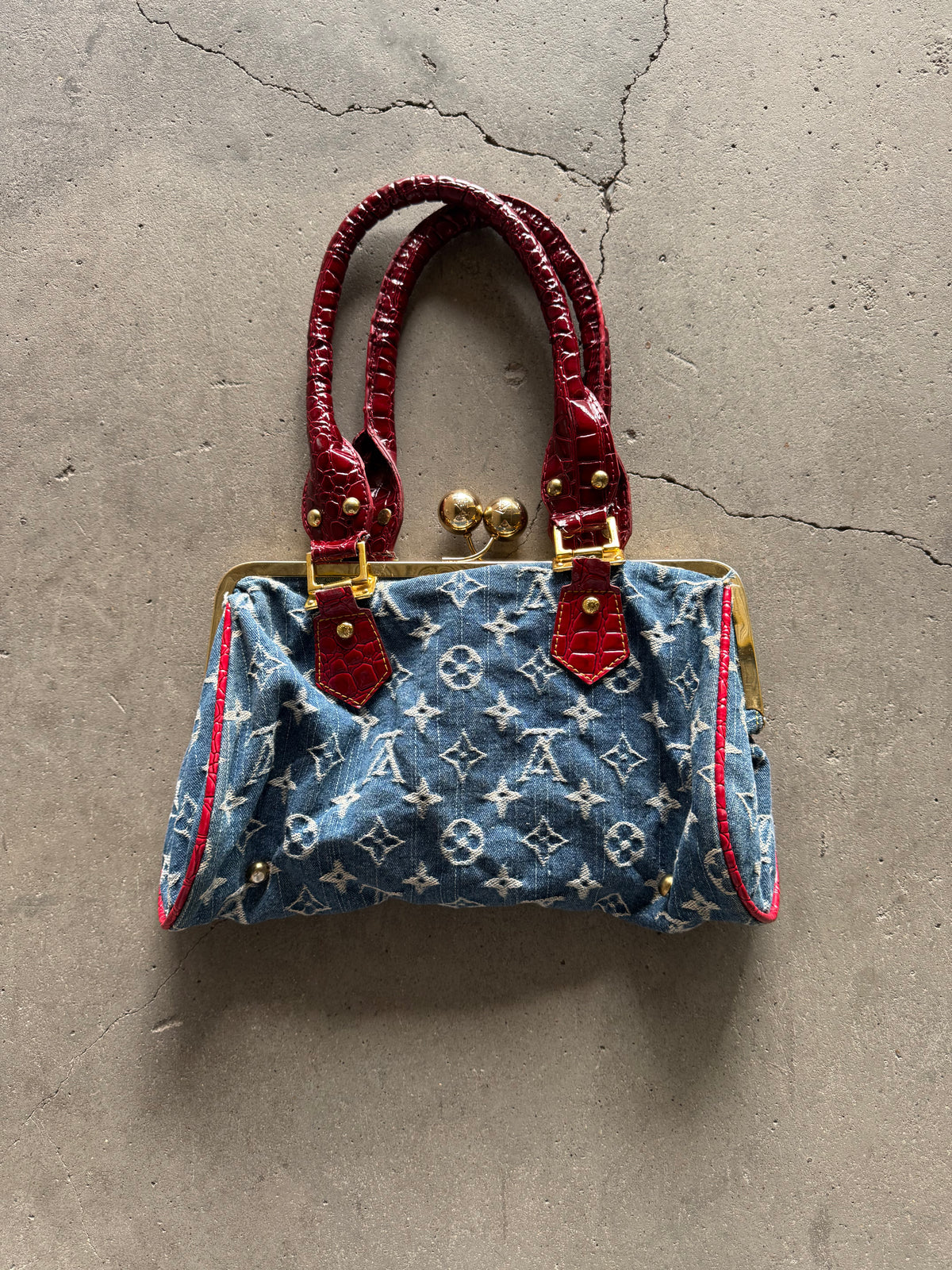 ✱ VINTAGE LOUIS VUITTON SAC FERMOIR GM BAG BLUE MONOGRAM DENIM OG ✱