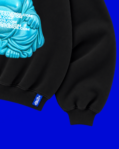 ✱ CREWNECK DOUBLE WIDTH 
BLACK BUDDHA TURQUOISE BLUE OG ✱