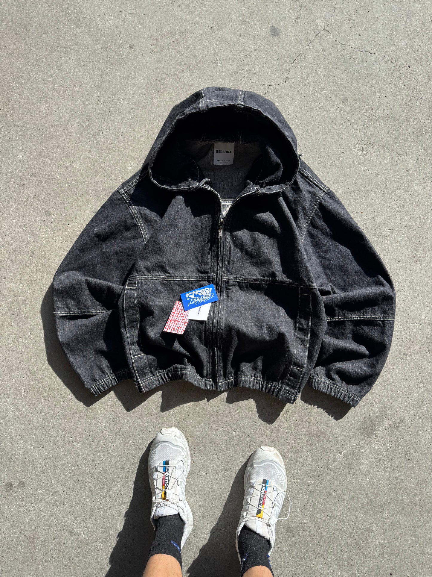 ✱ BERSHKA HOODED DENIM JACKET IN BLACK PESADA OG ✱