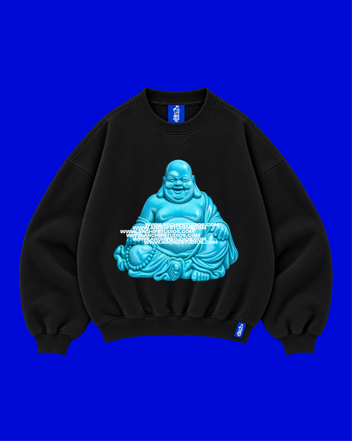 ✱ CREWNECK DOUBLE WIDTH 
BLACK BUDDHA TURQUOISE BLUE OG ✱