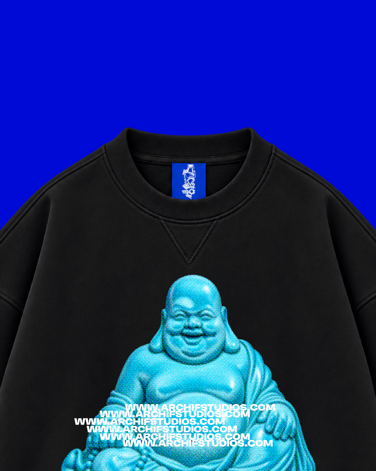 ✱ CREWNECK DOUBLE WIDTH 
BLACK BUDDHA TURQUOISE BLUE OG ✱